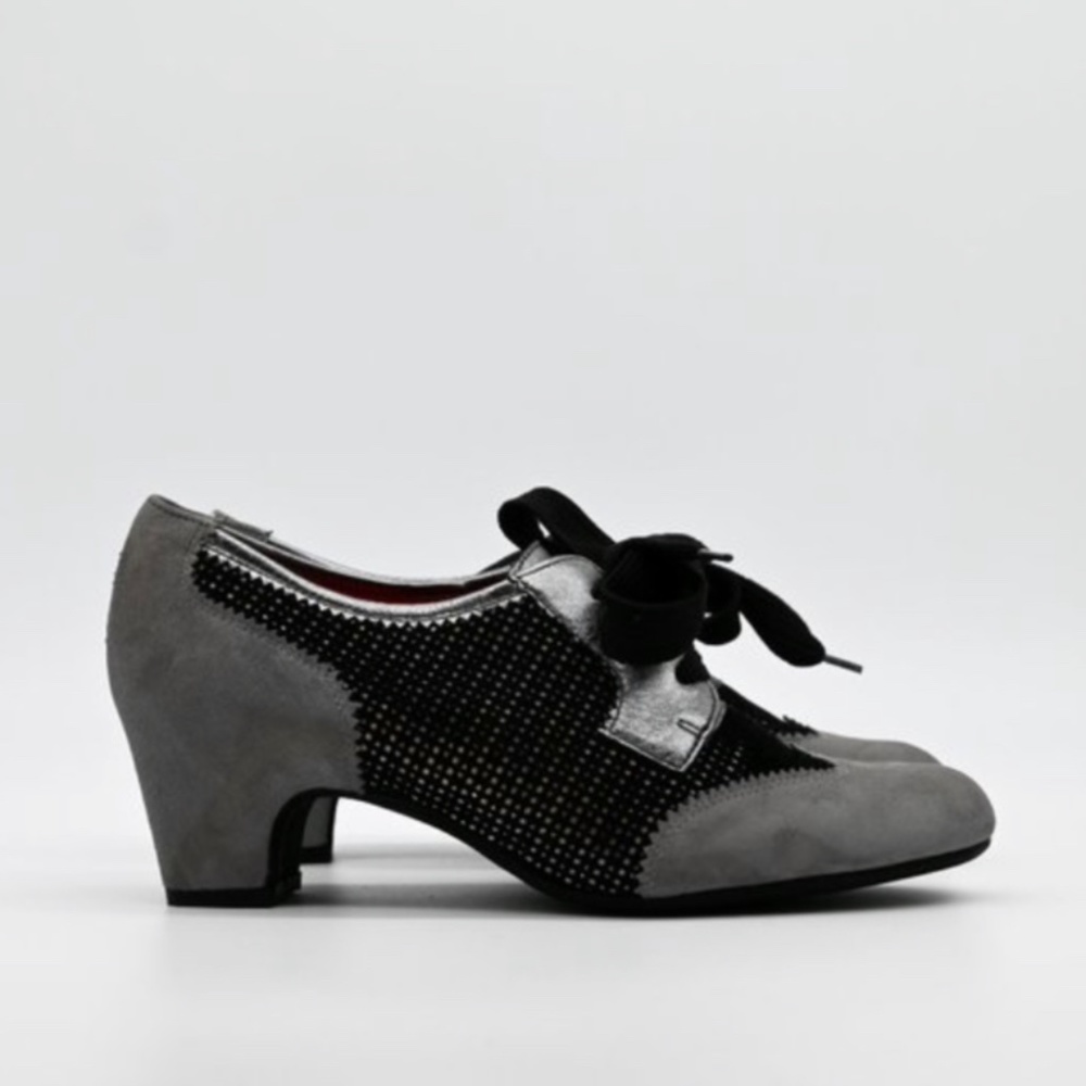 PAS DE ROUGE Suede Oxford Booties Grey Lace Up